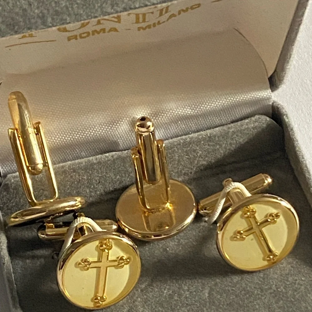Emilio Ponti Roma Milano Gold and Black Budded Cross 2 Set of Cufflinks In Box